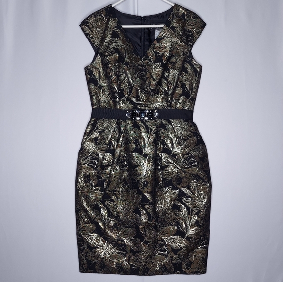 Alex Evenings Dresses & Skirts - Alex Evenings Dress 10 Women Damask Metallic Sheath Jewel Beaded Belt Zip NYE